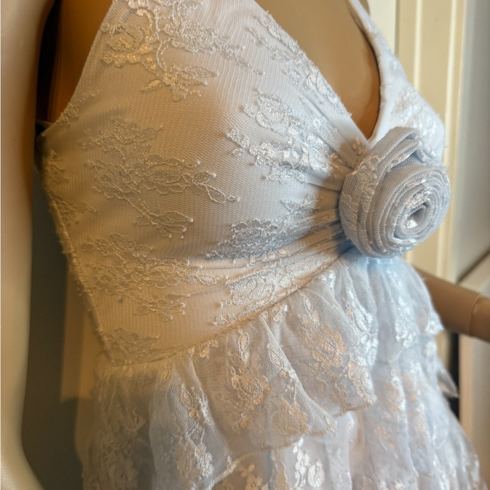 Light Blue Lace Tiered Ruffle Mini Dress Halter Rosette Bust - Picture 8 of 9